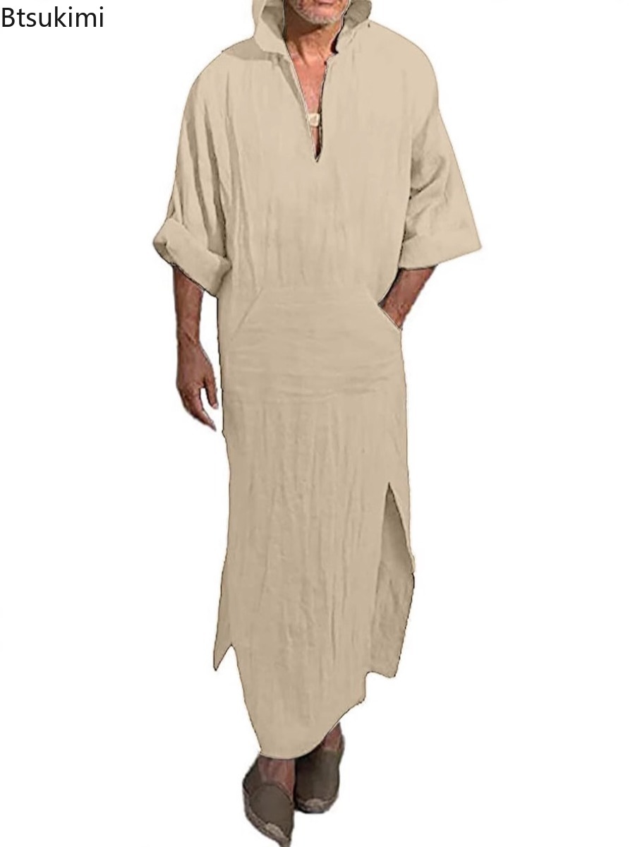 Nouvelle Robe Musulmane 2026 Couleur Unie Rétro Vêtement Islamique Arabe Homme Décontracté Coton Lin Longue Tunique Caftan Moyen-Orient Abayas