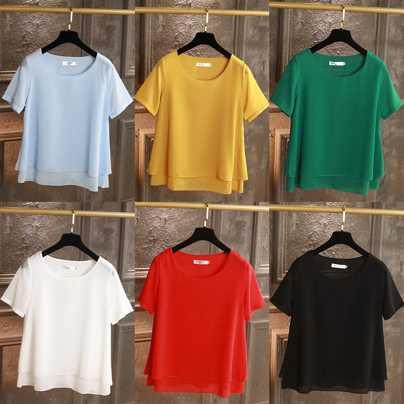 Blouses en mousseline de soie pour femmes, hauts à manches courtes et col rond, chemises de travail féminines, blouses à la mode pour femmes.