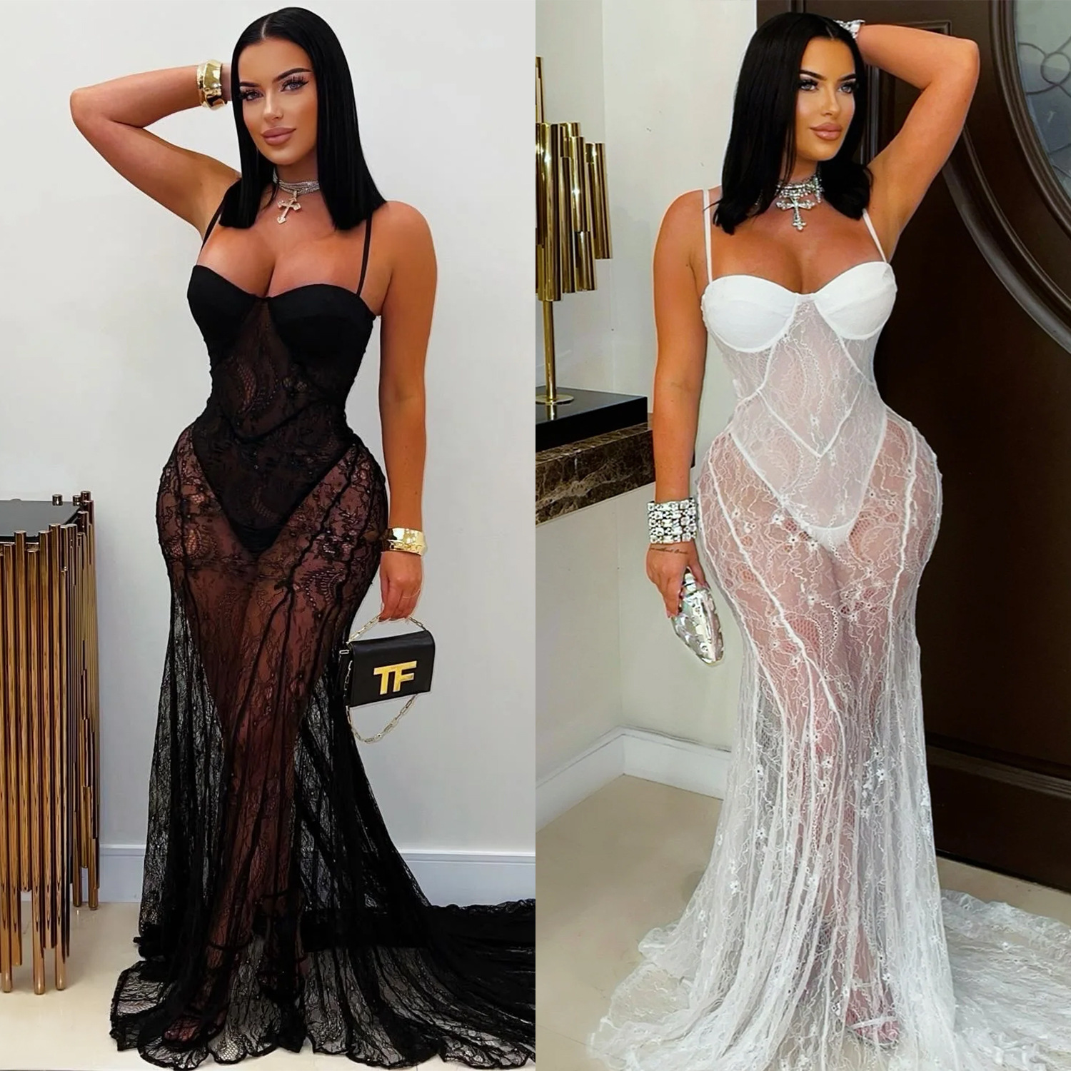 Dentelle voir à travers la robe de soirée de bal Sexy femmes Spaghetti sangle élégante boîte de nuit longue robe Maxi