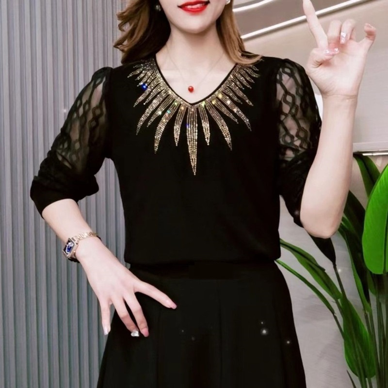 Femmes été T-shirt col en v mode demi manches maille Patchwork T-shirt femmes chemise de fond dames noir pull femmes hauts