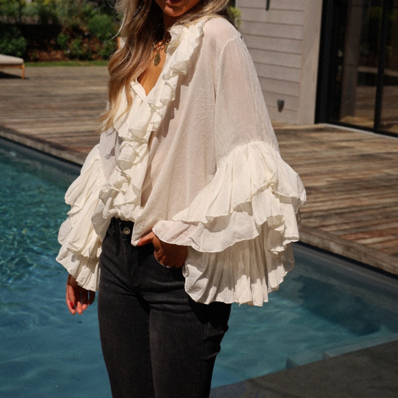 Femmes élégantes couches à volants garniture pure Blouses décontracté coupe ample solide boutonné col en V à manches longues petit haut Streetwear