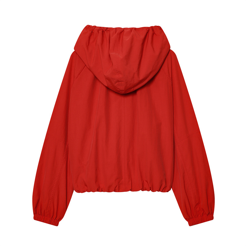 Veste Femme 2026 Nouvelle Collection Automne Rouge Manches Longues Cordon Décoratif Festif Capuche Zippée Cardigan Décontracté Tendance Polyvalent