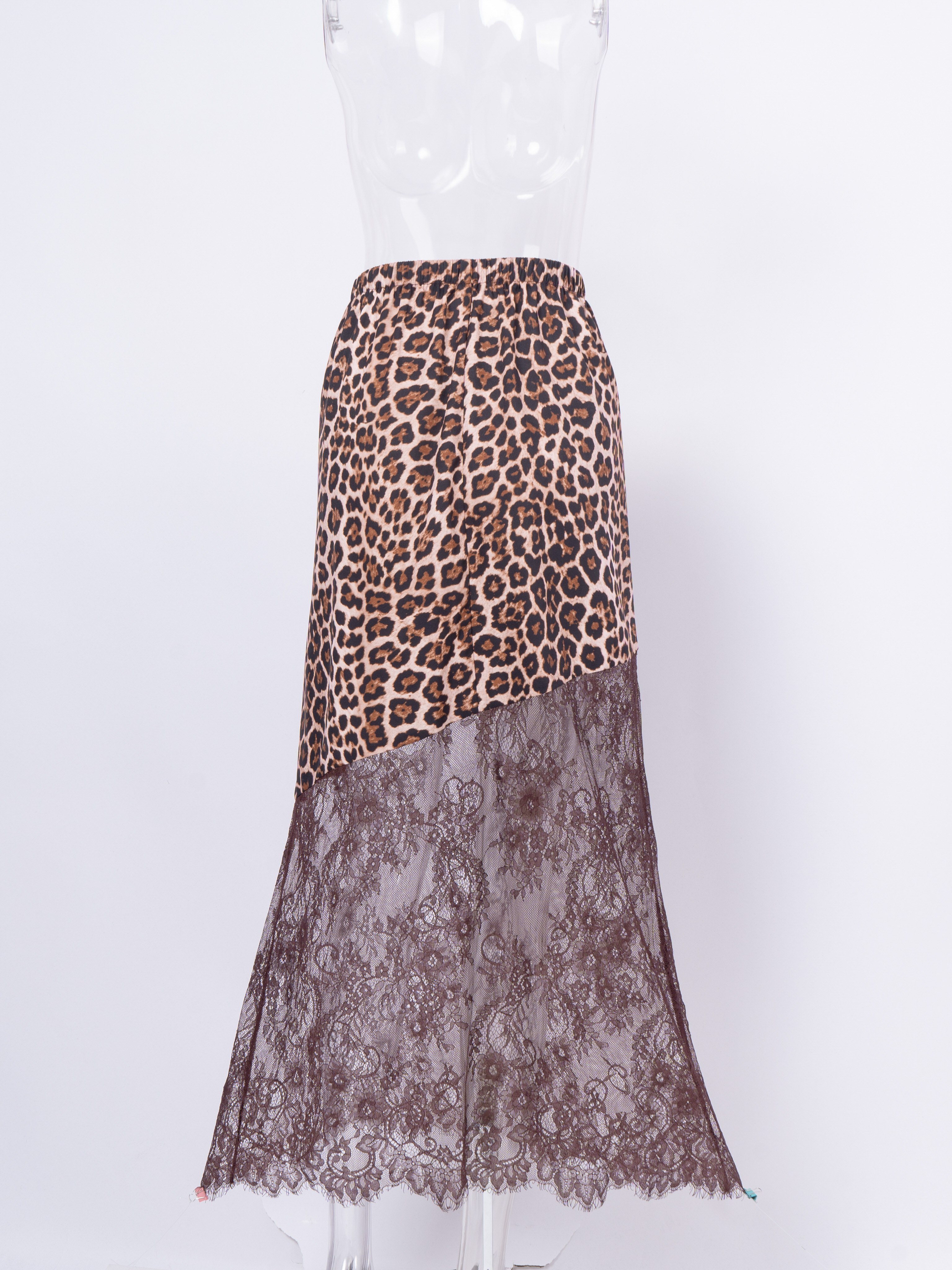 Jupe asymétrique à imprimé léopard pour femmes, taille haute, avec empiècements en dentelle, jupe longue vintage élégante, coupe A-line, longueur midi.