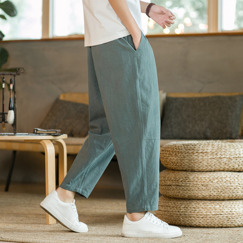 Pantalon décontracté en coton et lin pour homme, couleur unie, respirant, coupe droite, avec cordon de serrage, style streetwear