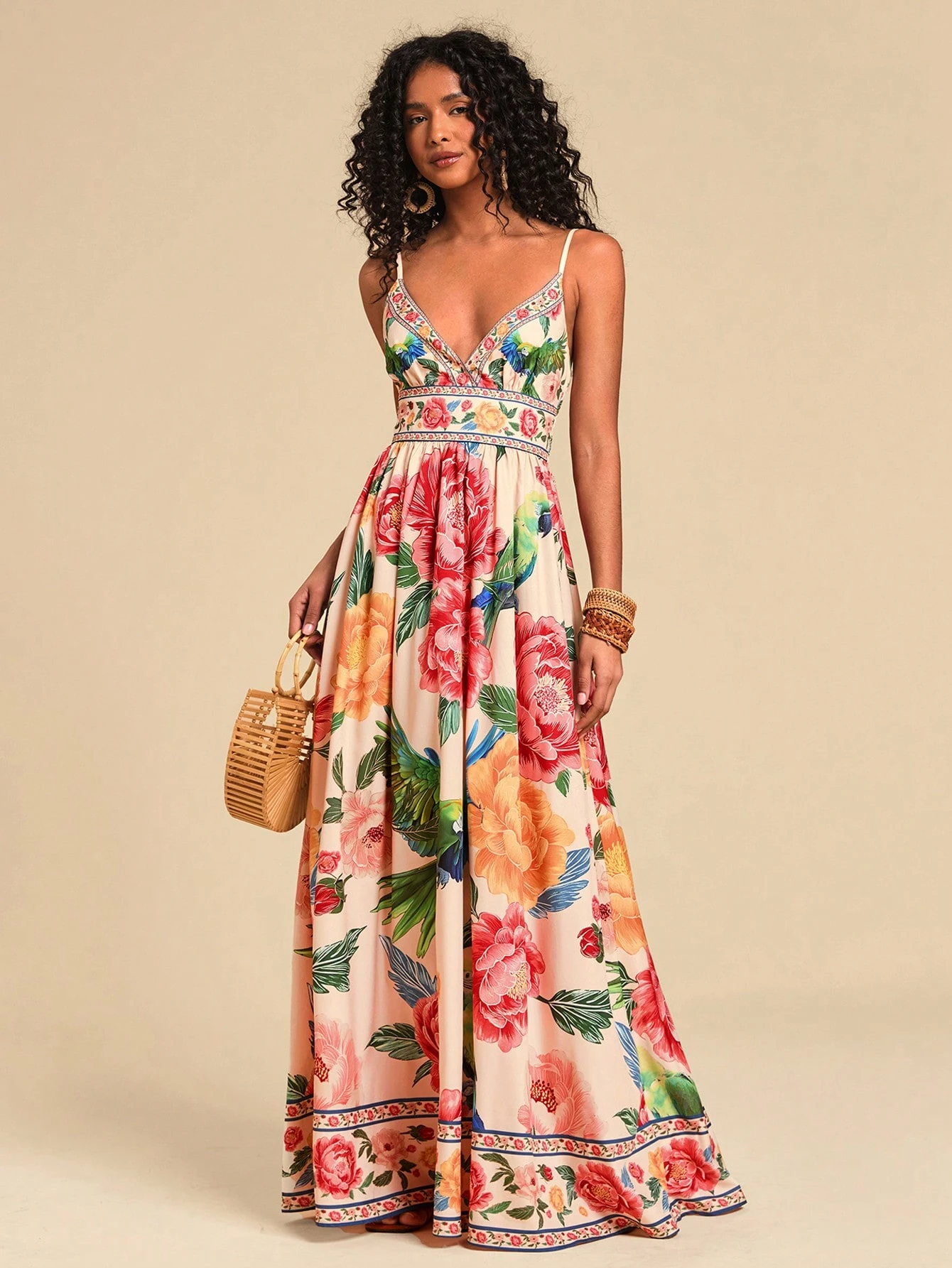 Robe longue élégante à imprimé bohème pour femmes, ceinture en V profond avec taille haute, idéale pour les vacances d'été à la plage.