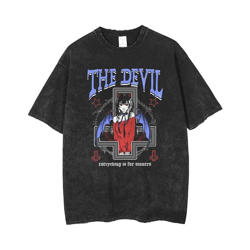 Anime hommes t-shirts gothique imprimé T-Shirt Hip Hop Streetwear Punk été Vintage lavé surdimensionné hauts hommes vêtements