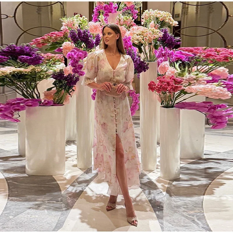 Robe longue moulante en organza et mousseline florale à col en V, manches bouffantes, fente haute, sexy, chic, pour femme, pour le quotidien et les rendez-vous
