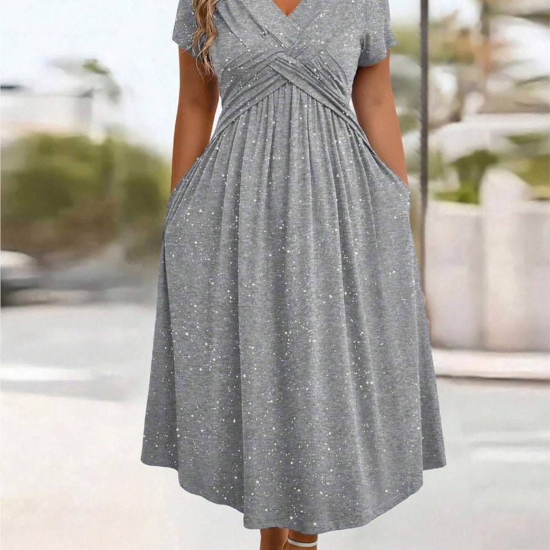 Nouvelle Robe Longue Élégante pour Femme, Col en V, Manches Courtes, avec Poches, pour Soirée Formelle et Mode Estivale