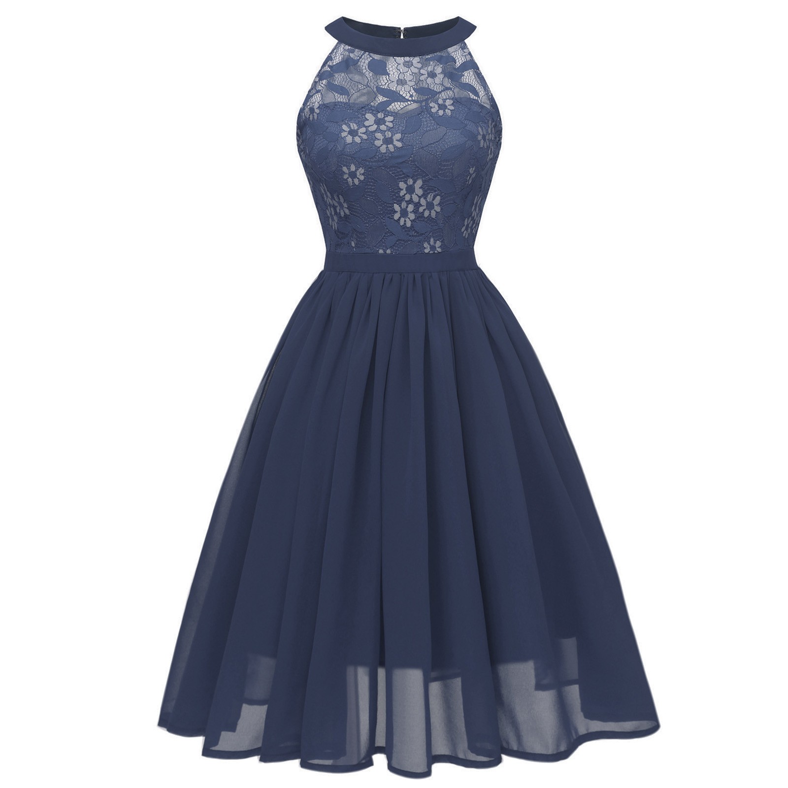 Robe de soirée en dentelle et mousseline de soie pour femmes, Sexy, sans manches, élégante, couleur unie, robes de Cocktail