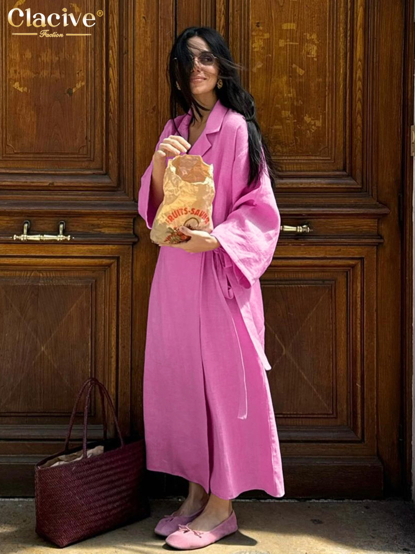 Clacive décontracté ample rose coton robe dames mode revers à manches longues cheville longueur robe élégante à lacets robes pour les femmes