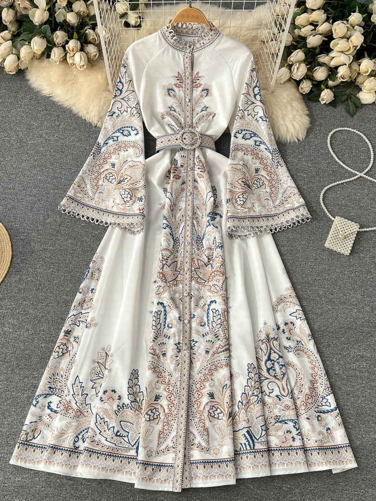 Robe longue imprimée Vintage pour femmes, col rond, manches évasées, robes élégantes, simple boutonnage, plissée irrégulière, Maxi, printemps automne