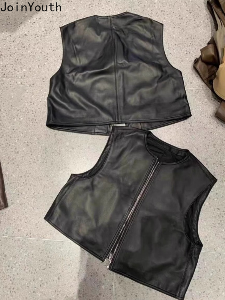 FibrglaCardigan-Gilet en cuir à col rond pour femmes, débardeurs en PU noir, haut court vintage, vêtements à la mode avec fermeture éclair, 2025