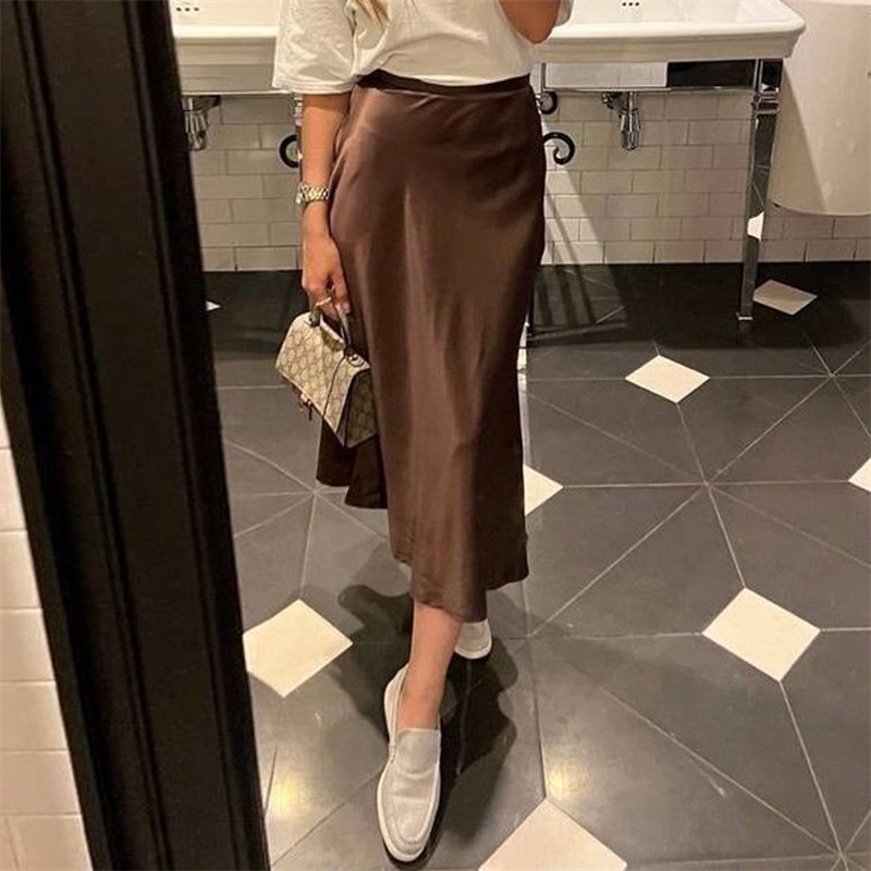 Lamuusaa-Jupe en Satin pour Femme, Vêtement d'Été, Couleur Unie, Taille Haute, Longueur Midi, Tenue de Soirée Élégante, Streetwear