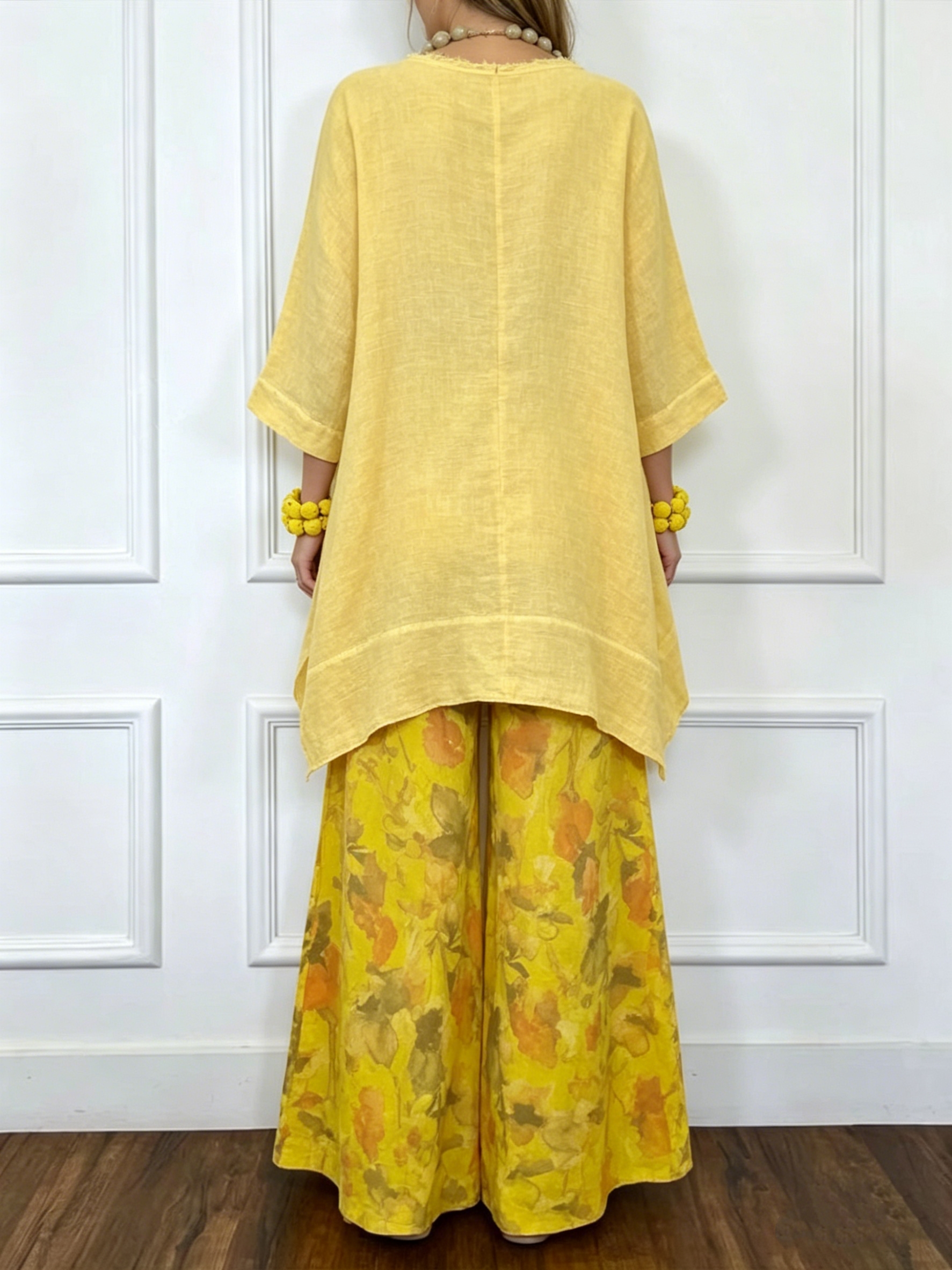 Ensemble 2 pièces pour femmes, haut en coton et lin à ourlet irrégulier, pantalon large, style décontracté rétro élégant, pantalon simple pour l'été