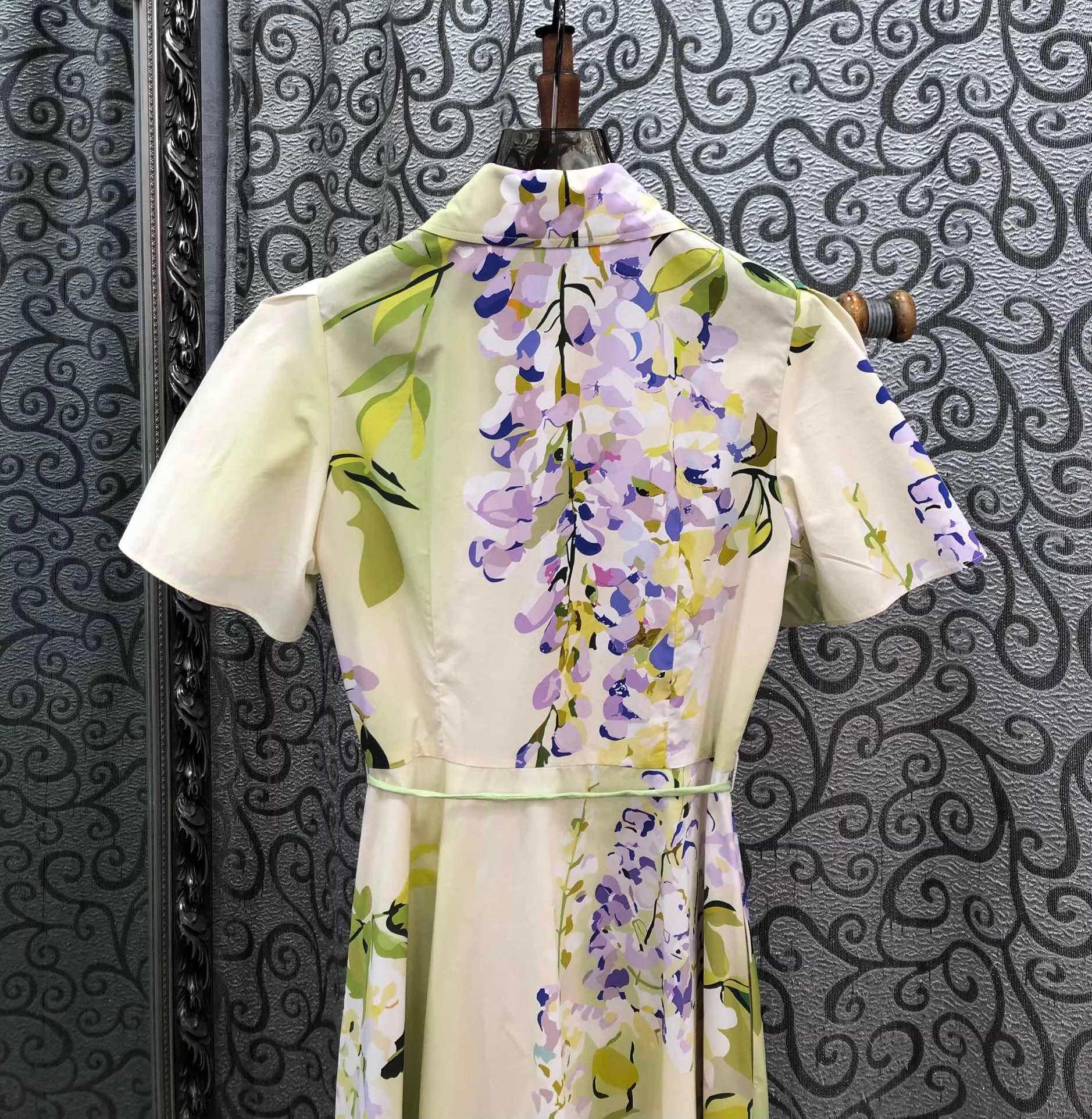 100% coton robe longue 2026 printemps été femmes col rabattu doux imprimé fleuri ceinture déco à manches courtes longue robe Maxi de luxe