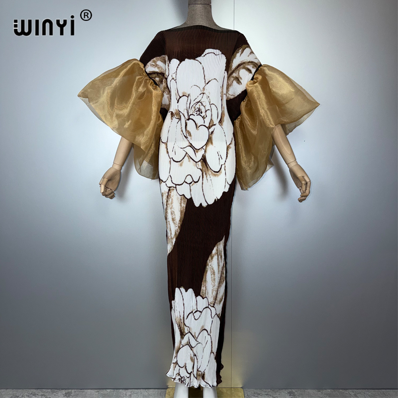 Robe plissée à manches bouffantes WINYI, robe de plage, kaftan bohème, abaya, robe de soirée de luxe Dubaï, robe longue pour femme musulmane