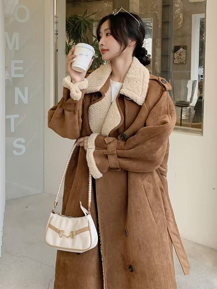 Manteau en daim épais et décontracté Maillard mi-longueur, longueur genou, avec fourrure, pour femme, nouvelle collection hiver 2026, couleur kaki