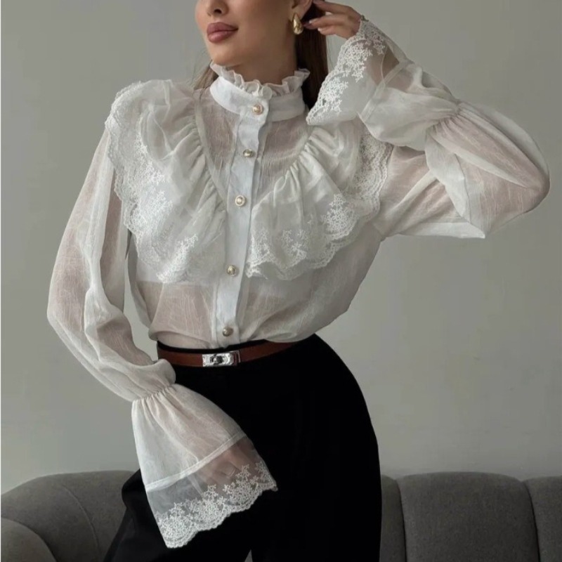 Chemise femme 2025 automne nouveau Style palais français col féerique en mousseline de soie à volants dame à manches longues haut blanc