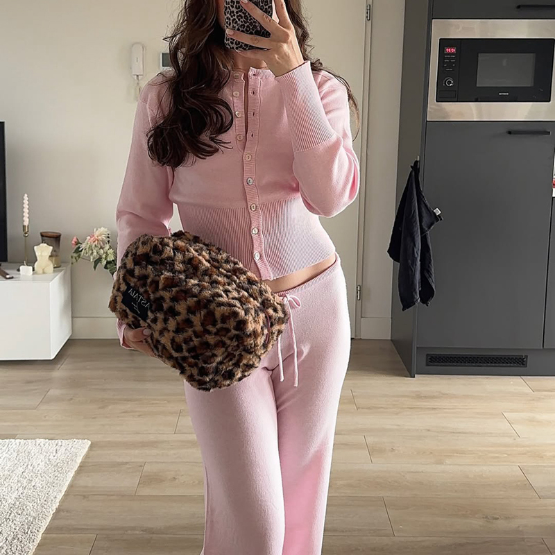Ensemble 2 pièces pour femmes, vêtements de détente, pantalon, boutonné, manches longues, cardigan court, pull, taille basse, pantalon tricoté, tenues d'automne et d'hiver