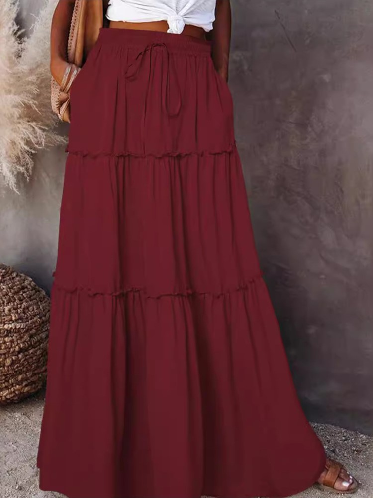 Jupe longue à volants pour femmes, nouvelle collection printemps-automne, couleur unie, à la mode, plus lente, superposée, taille haute, élastique