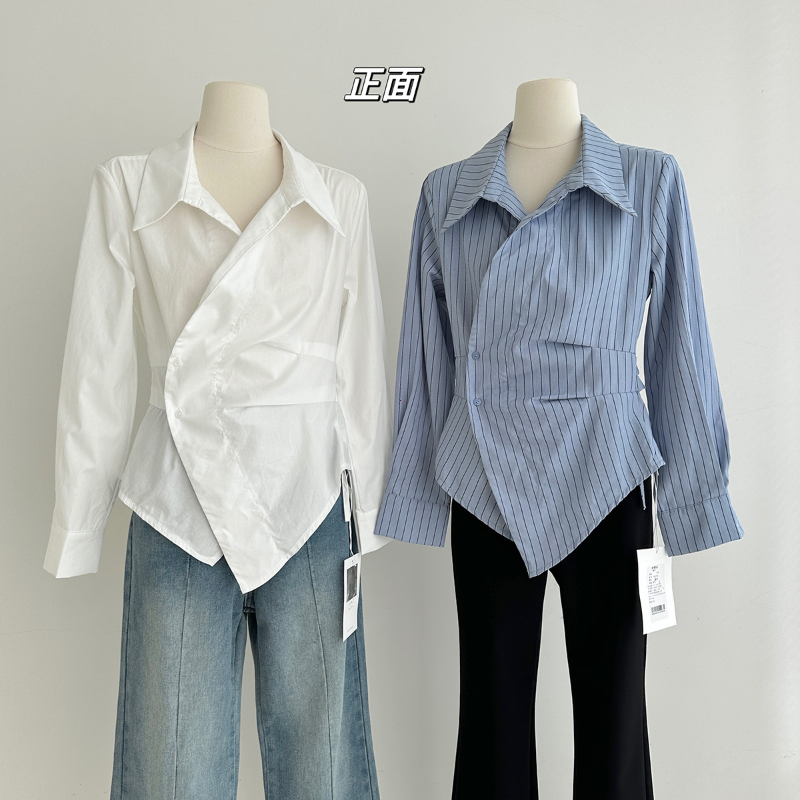 Chemises rayées élégantes pour femmes, chemisiers blancs irréguliers Vintage pour dames, manches longues coréennes, boutons chics, Design Slim, hauts, nouveau