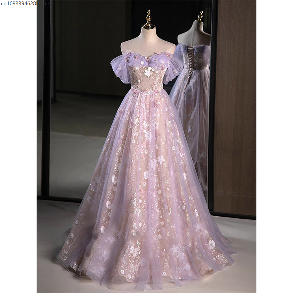 Robe de soirée de luxe rose violet pour femmes, douce plissée, épaules dénudées, avec des appliques de fleurs, robe de bal à paillettes, ligne a