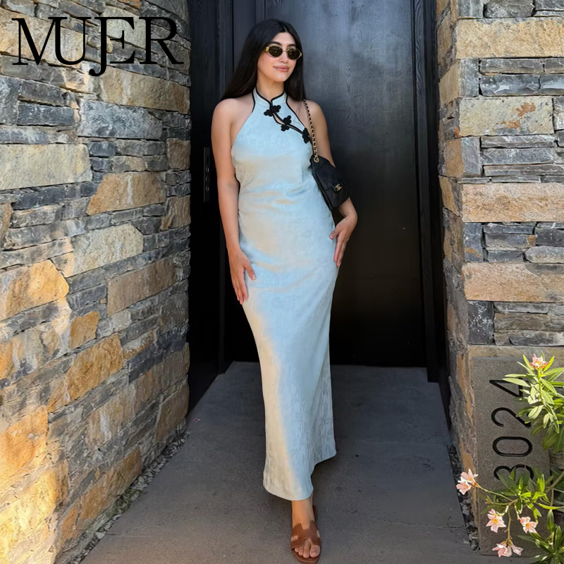 Robe longue jacquard dos nu pour femme, style halter, avec nœud chinois, idéale pour les soirées d'été