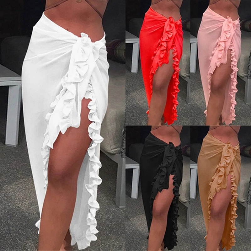 Robe de plage en mousseline de soie pour femmes, transparente, écharpe ronde, Industries ong, couleur unie, à volants, décontractée