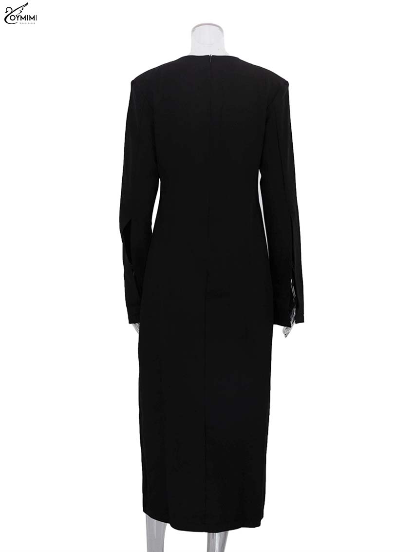 Oymimi élégant noir mince robes 2025 femme décontracté col en v profond à manches longues robes droites mode côté fente mi-mollet robe