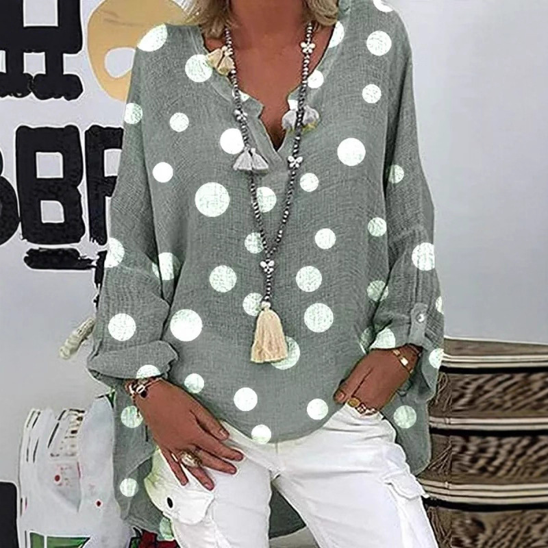 Chemisier femme 2026 décontracté d'été tendance à pois imprimé manches longues col en V ample vêtements pour femmes