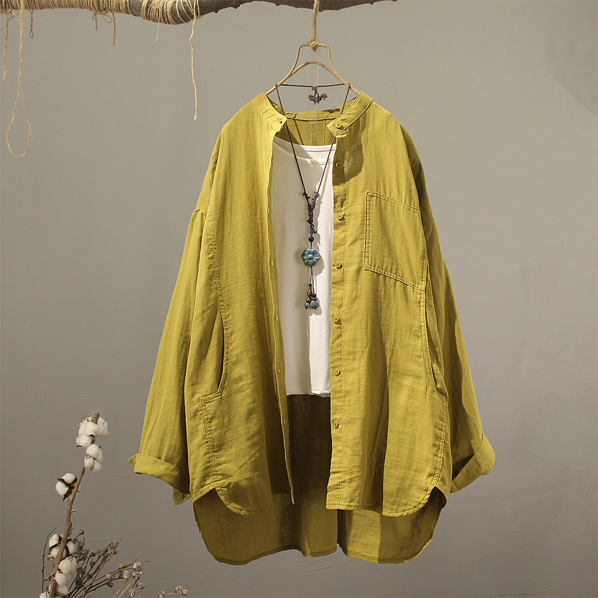 Vêtements pour femmes d'âge mûr 2026 – Hauts et chemisiers 100 % coton, style japonais, col montant, grandes tailles