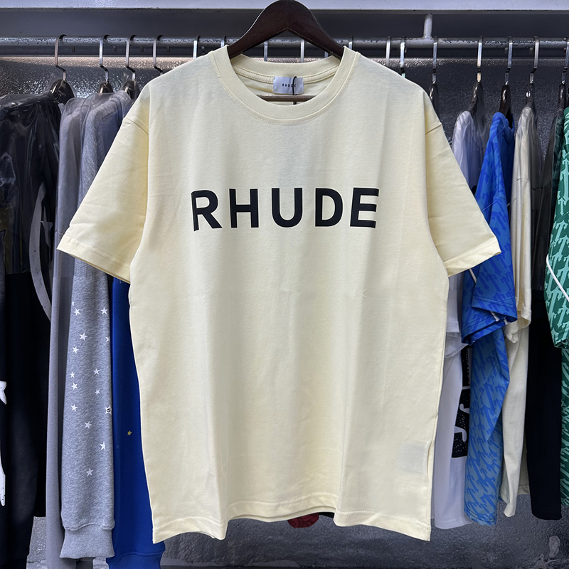 T-shirt Rhude de haute qualité, décontracté, avec logo imprimé, col rond, manches courtes, tendance estivale, pour hommes et femmes, en coton ample