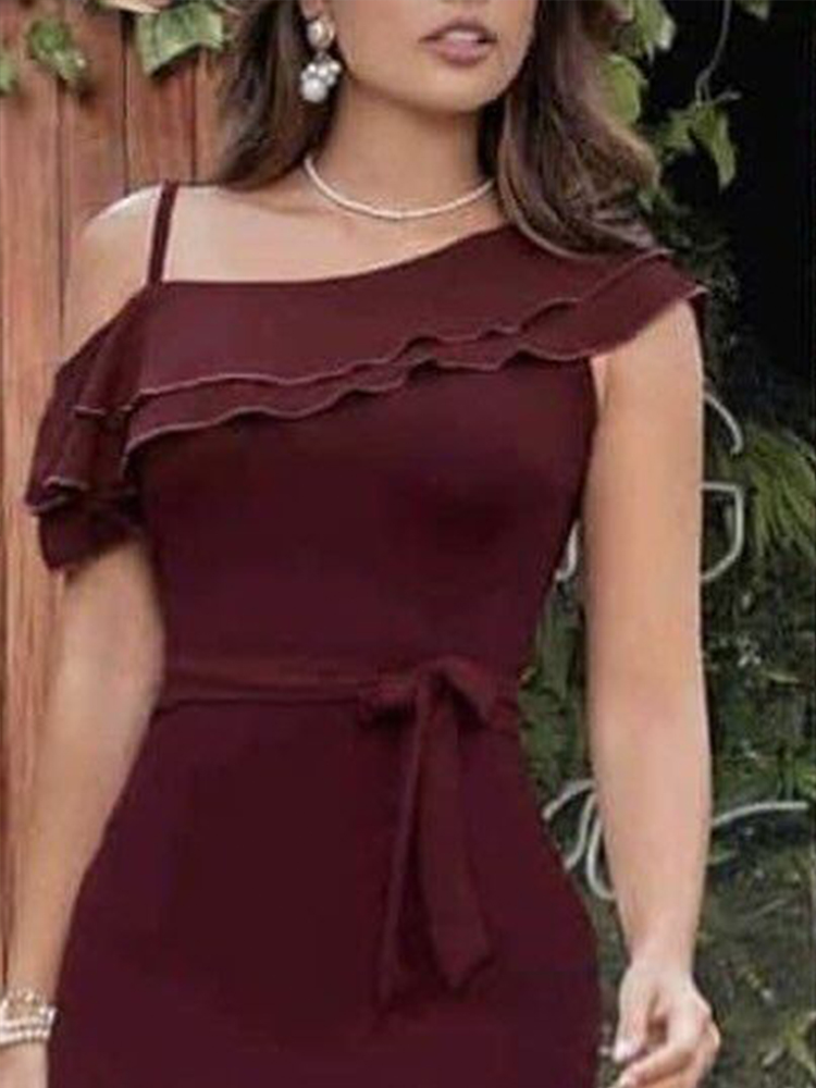 Robe bordeaux à une épaule pour femme, idéale pour soirée, cocktail, gala, soirée, dîner formel