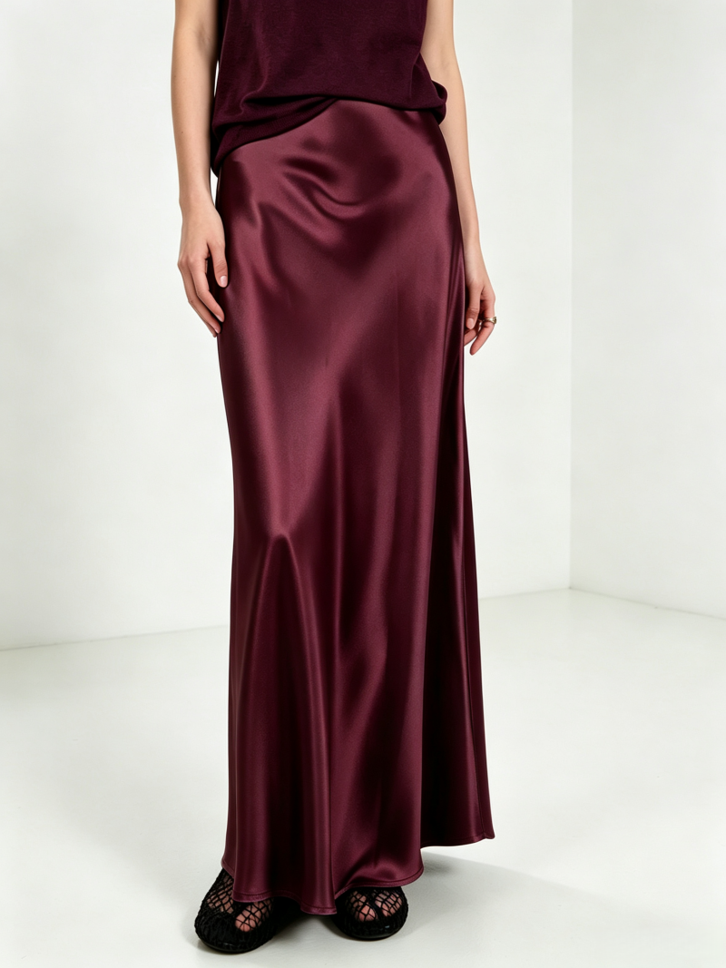 Jupe longue sirène KAROFI en satin effet soie de luxe pour femme, taille haute, fluide, élégante pour le bureau, les soirées et les fêtes, finition brillante SK442