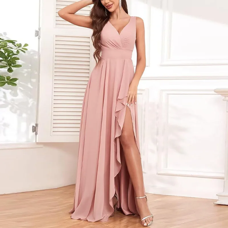Robe de demoiselle d'honneur décontractée, col en V, fente latérale, longue, à volants, robe de soirée formelle, fête de mariage, quelle que soit la robe en mousseline de soie, nouvelle mode 2024