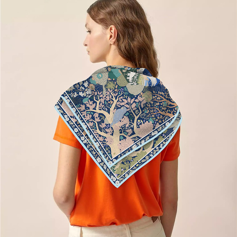 Écharpe en soie pour femme, 90 cm, imprimé floral, carrée, foulard, châle de plage, bandana, hijab, mouchoir - Écharpe pour femme
