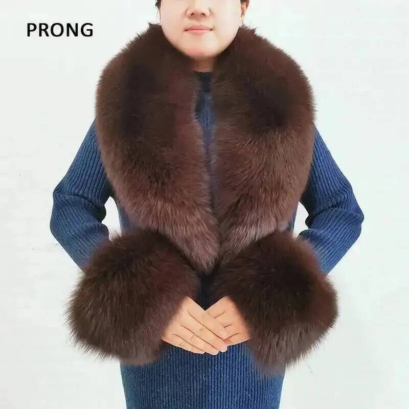 Ensemble de poignets de col en fourrure de renard véritable pour hommes et femmes, écharpes, châles, écharpe, manteau, fourrure de renard, naturel, plus chaud, hiver, accessoires