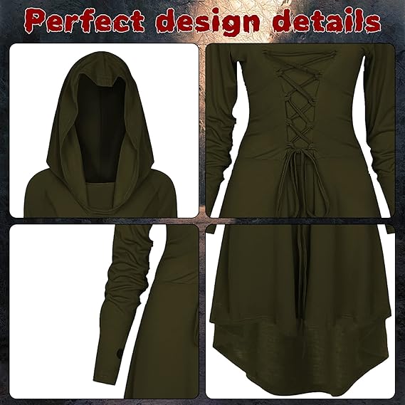 Costumes de la Renaissance pour femmes, Costume d'halloween pour femmes, Costume médiéval Vintage à capuche, robe pull haute et basse