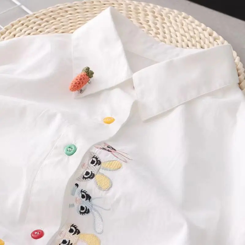 Femmes printemps automne Style Blouses chemises dame décontracté à manches longues col rabattu dessin animé broderie haut Blouse