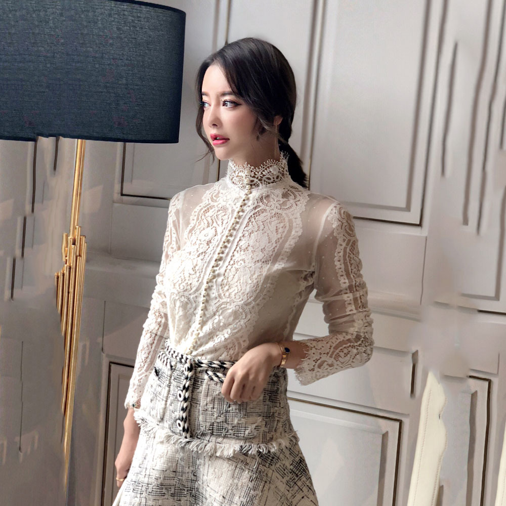 Chemise en dentelle à col roulé à manches longues pour femmes, chemisier perlé, haut creux, mince, élégant, coréen, sexy, automne