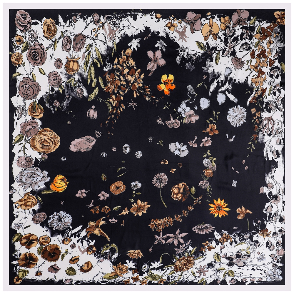 Foulard en Soie de Luxe 130x130cm pour Femme, Grand Châle Imprimé Fleurs, Écharpe Carrée, Bandana, Hijab, Foulards Féminins