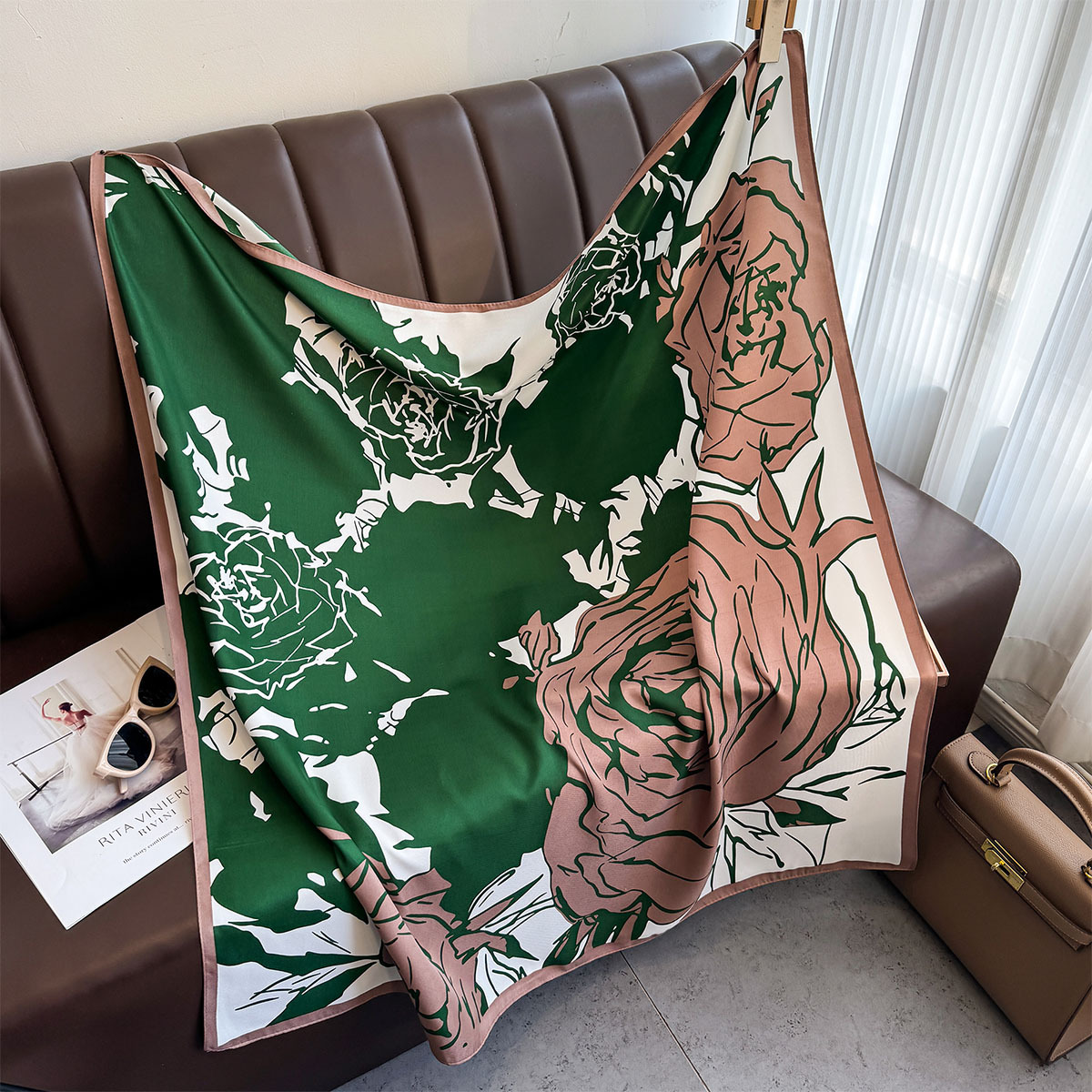 Foulard hijab imprimé roses 90x90cm pour femme, en satin de soie, bandeau, foulard pour cheveux, châle carré, bandana pour femme