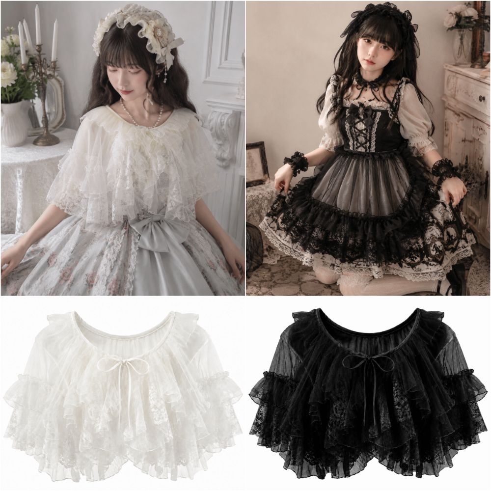 Nouveau Châle Court Lolita Créatif Blanc et Noir en Dentelle et Tulle à Volants, Cape Princesse Transparente Ouverte sur le Devant, Style Français, pour Femme