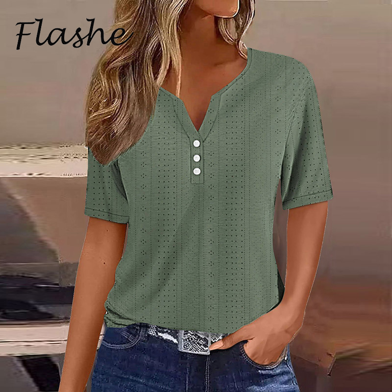 T-shirt décontracté à manches courtes et col en V pour femmes, t-shirt boutonné, t-shirts basiques d'été, pull élégant