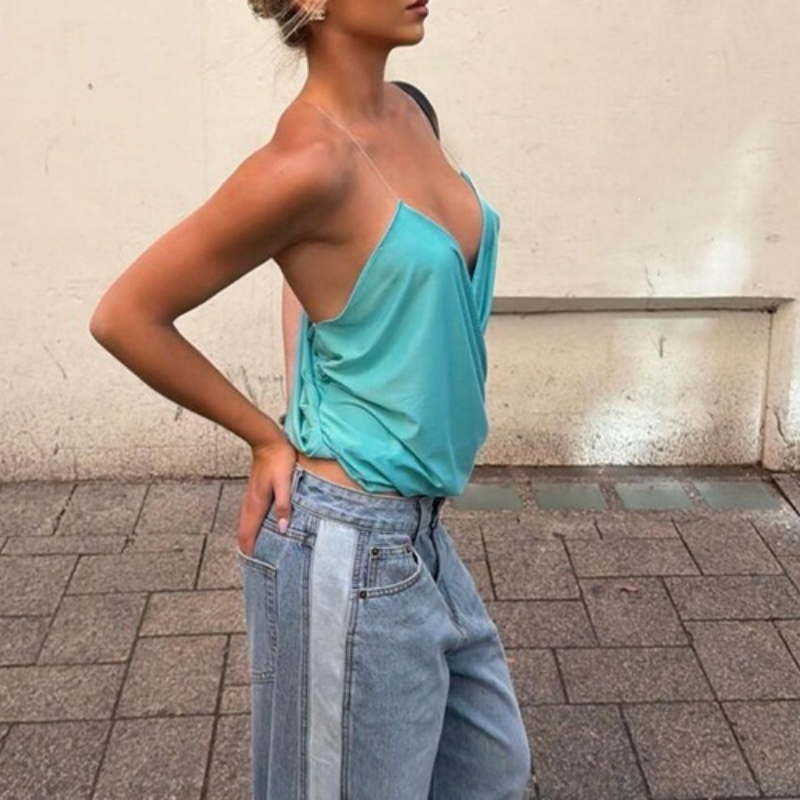 Débardeur plissé dos nu pour femme, style plage, col en V, sans manches, coupe ample, sexy, collection Printemps-Été 2026, idéal pour les vacances, couleur unie