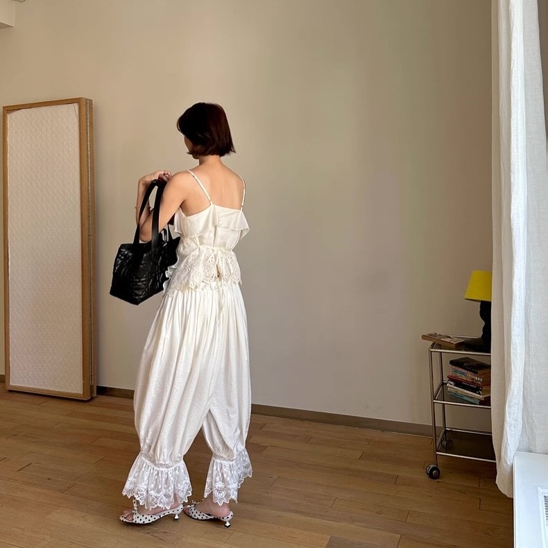 Pantalon court esthétique pour femme, chic, ample, à jambes larges, taille haute, en dentelle, style lanterne, décontracté, streetwear