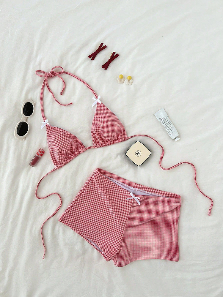 Ensemble bikini à carreaux Circyy pour femme, avec nœud à porter autour du cou, short de plage taille haute, maillot de bain deux pièces pour les vacances, Nouveauté été 2026