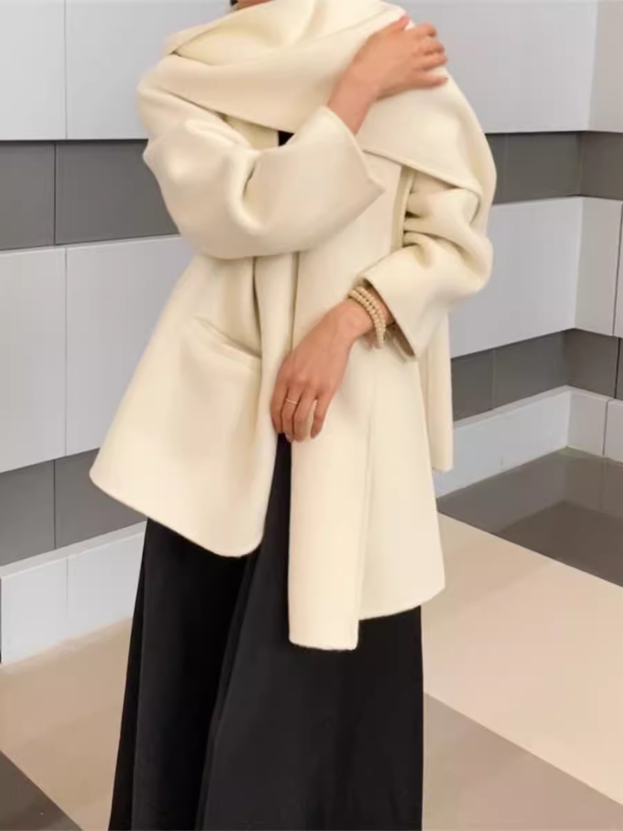 Manteau 100% laine à col écharpe pour femmes, veste d'automne et d'hiver élégante à la mode coréenne