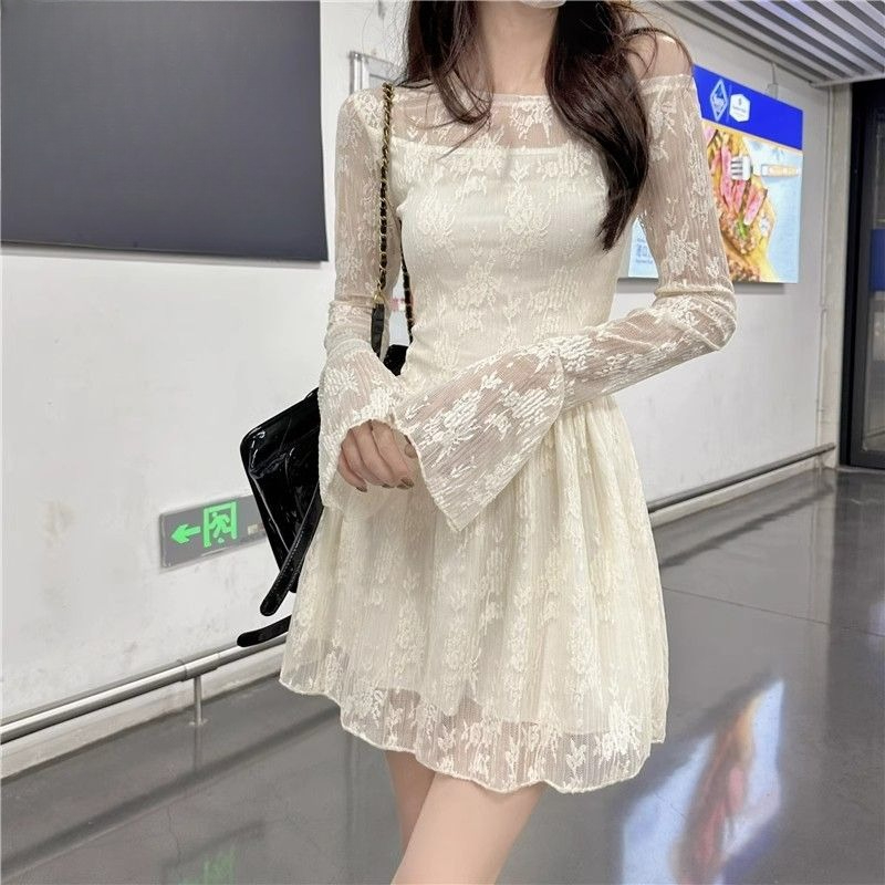 Robe en dentelle à manches longues pour femmes, Kpop complet, ample, tendance, courbe, Harajuku, épais, Style coréen, robes de vacances à la mode pour femmes