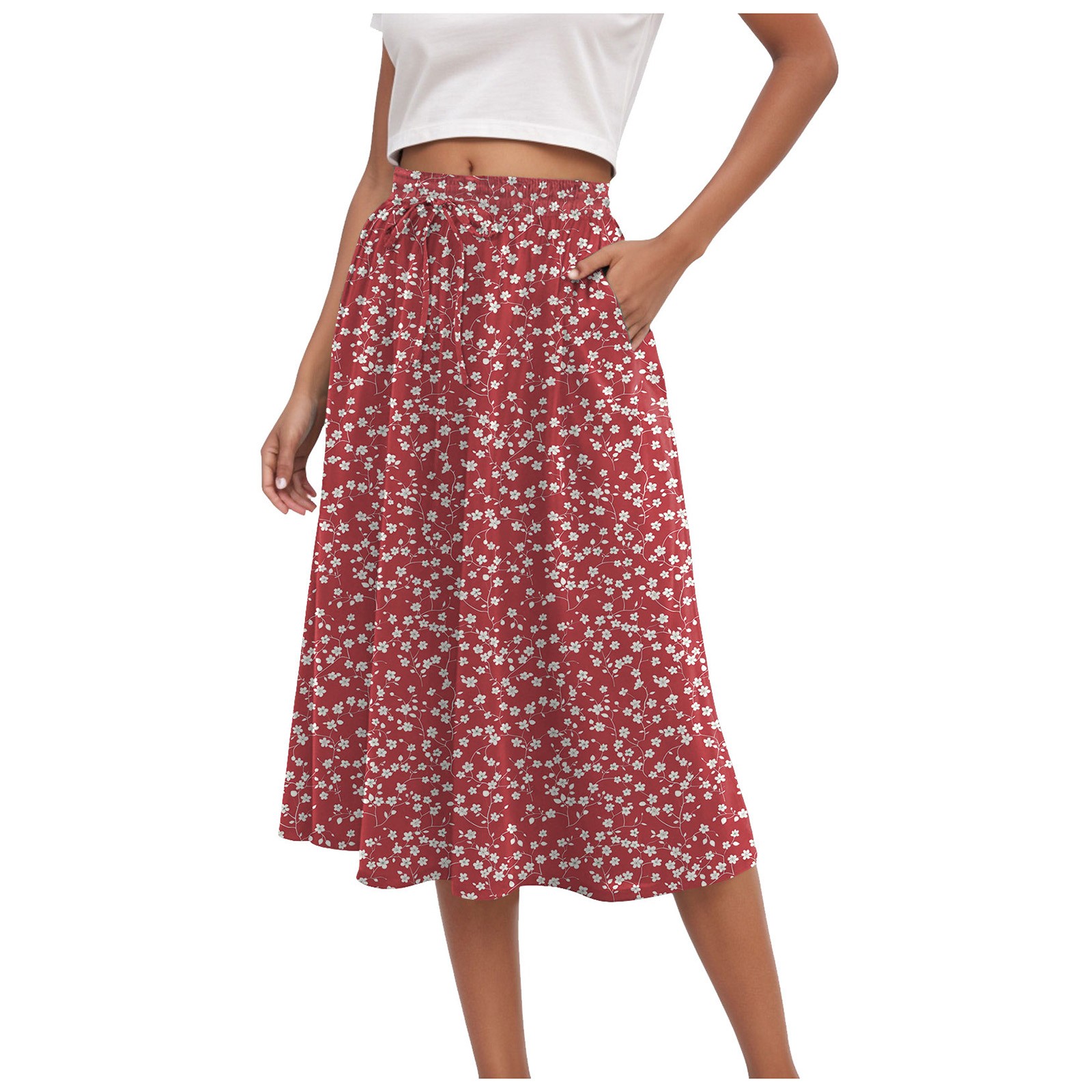 Jupe longue Maxi d'été pour femmes, Mini jupe plissée florale élégante, taille haute, ligne A sous le genou, jupes décontractées avec poches